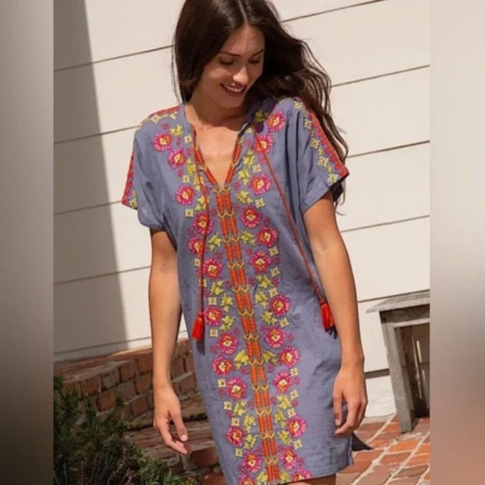 NATURAL LIFE Blue Mini Dress with Colorful Embroidery - Picture 2 of 10
